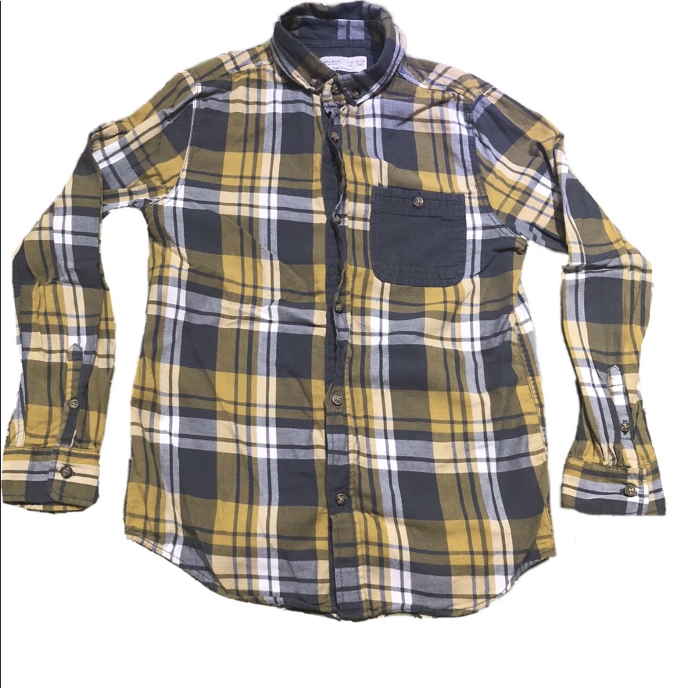 💝 Zara boys yellow grey plaid button shirt 9/10